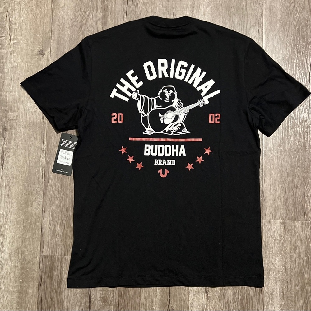 True Religion Men Size Medium Jet Black Buddha Brand T-shirt Back Print 107647